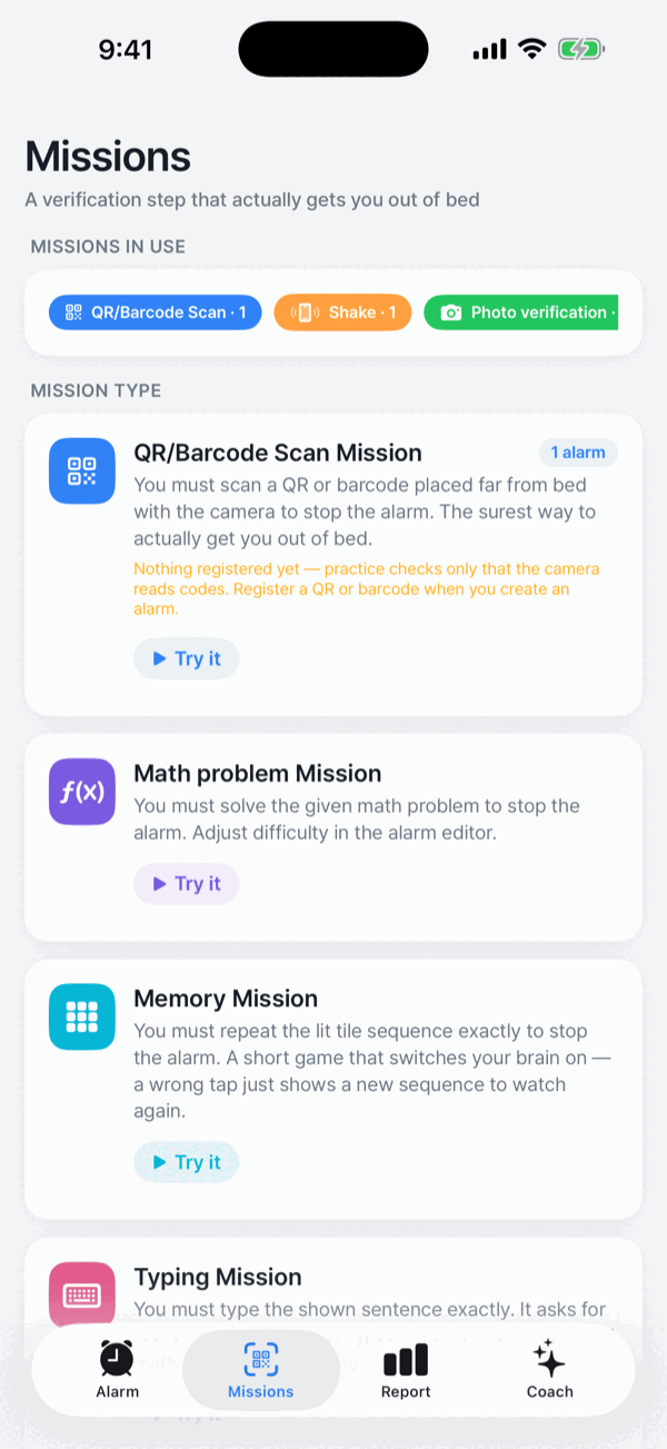 Missions tab — the missions in use, all eight types, and Try it out