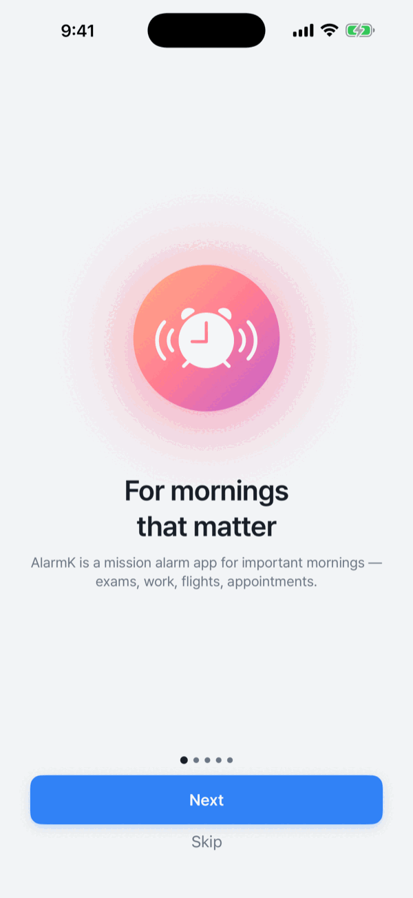 First launch — onboarding explains both the permissions and the limits