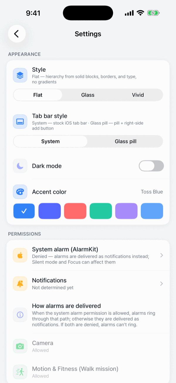 Settings › Permissions — each permission's state and how alarms are delivered